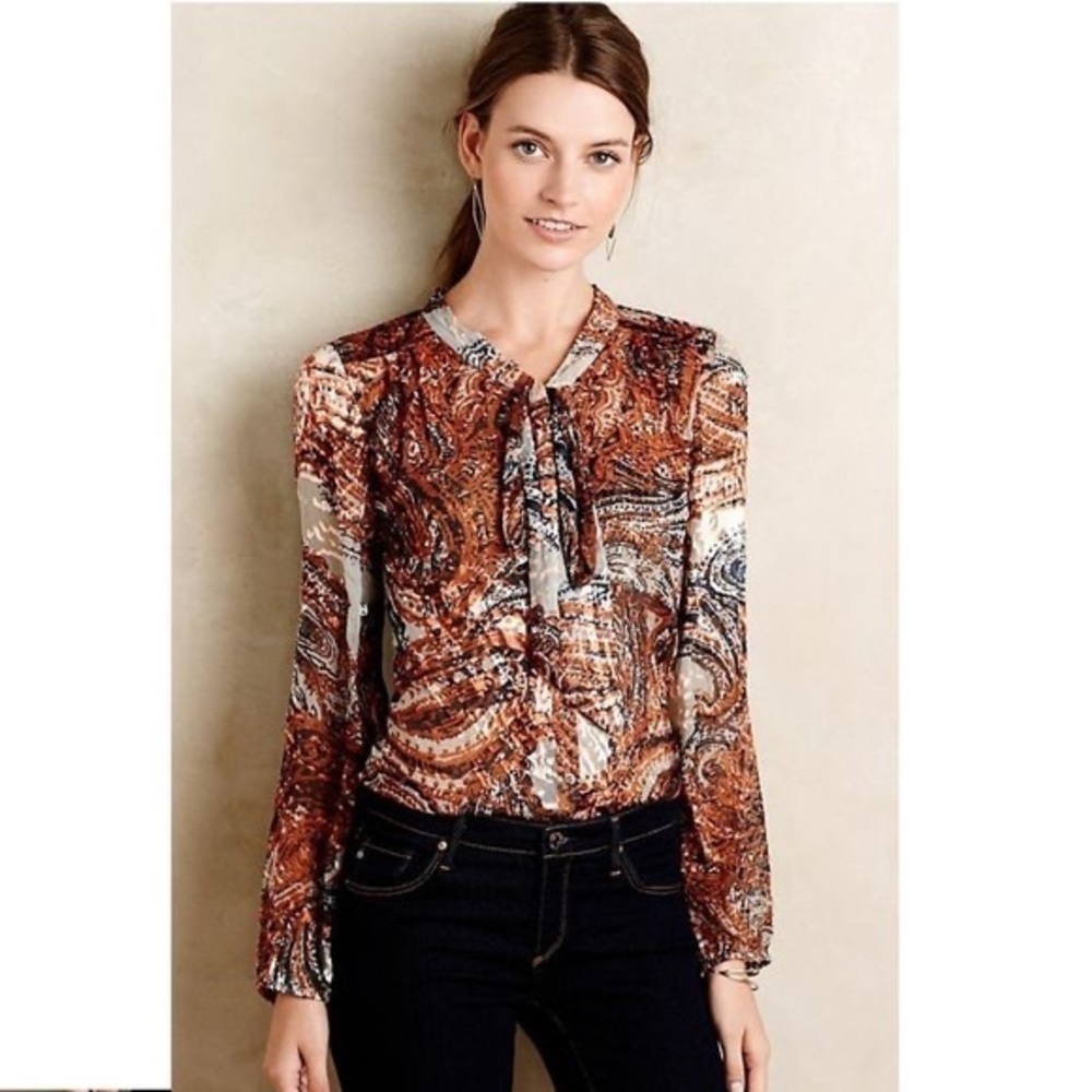 ANTHROPOLOGIE-MEADOW Rue Briarcliff Tie Neck Blouse